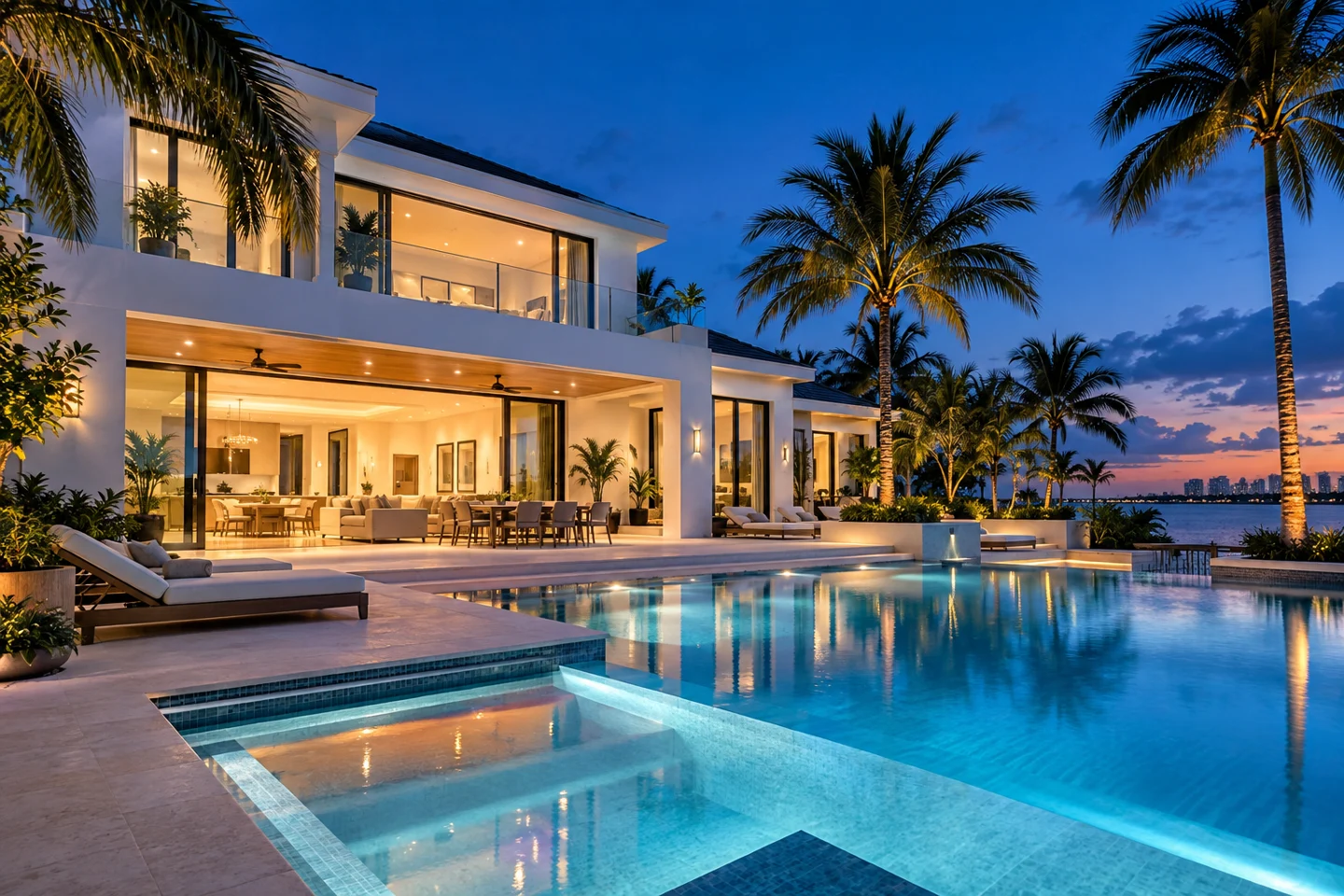 Illustrative contemporary waterfront home at twilight
